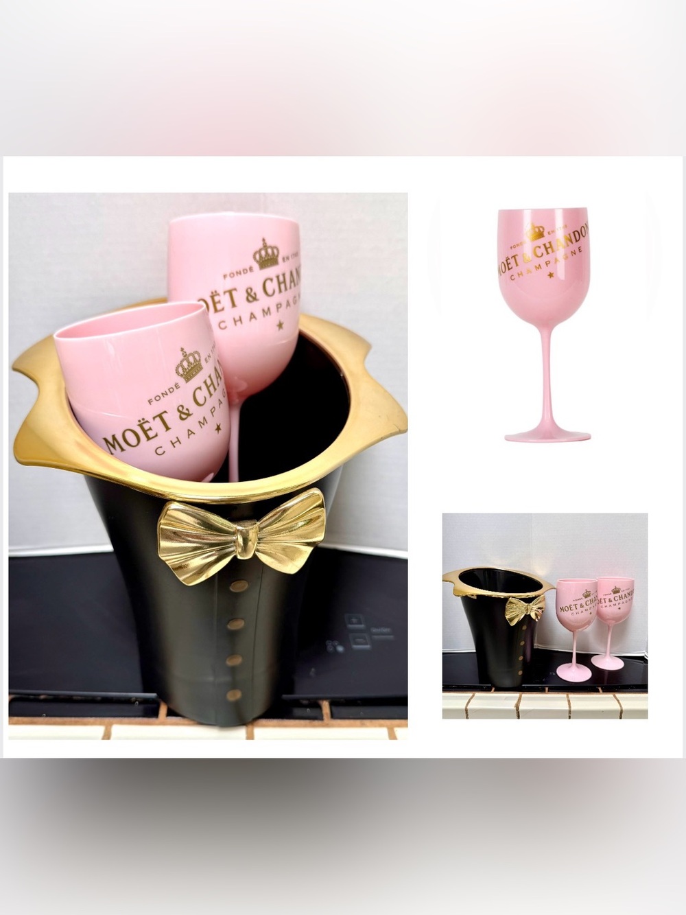 VTG CHAMPAGNE BUCKET TUXEDO MOET & CHANDON Acrylic Champagne Glasses 2 Flute set